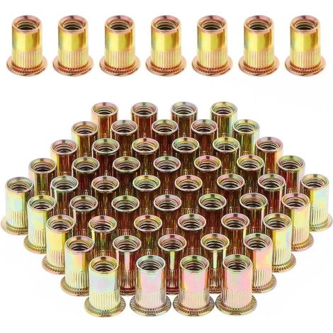 100 tuercas remachables roscadas de cabeza plana M8, tuercas remachables roscadas de acero al carbono cincado, surtido de insertos roscados para remaches M8 para metal y plástico (14 mm x 18 mm)