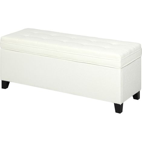 Banc de rangement 112L banquette bout de lit en lin, siège capitonné, 120 x 40 x 48 cm crème