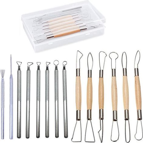 Kit de 14 outils de sculpture en céramique avec ruban, comprenant des outils de texture en fil de fer et des aiguilles pour la sculpture, le grattage et le modelage. (1/5)