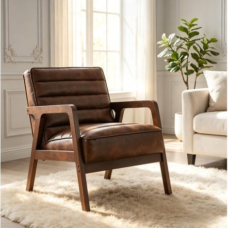 Sillón de salón acolchado 64 x 86 x 79 cm de PU y madera marrón antiguo HAVRYA (1/5)
