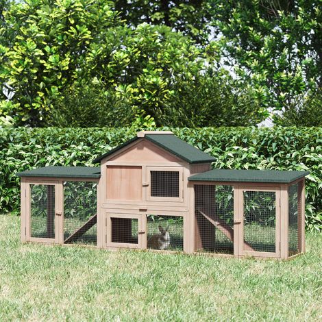 PawHut Großer Außen-Kaninchenstall, Holzkäfig für 2-4 Kaninchen mit Asphalt-Dach, Drahtgitterauslauf, herausnehmbarer Wanne und Rampen, 210 x 45,5 x 84,5 cm, Natur und Grün