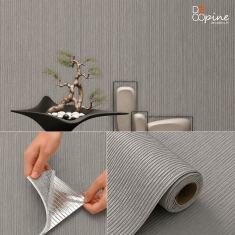 Papier peint autocollant 3D gris 60 x 280 cm, revêtement mural adhésif à texture striée verticale , sans colle Decopine (1/5)