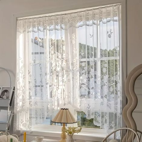 Fuleadture Voilages blancs en dentelle florale, rideaux semi-transparents à passe-tringle filtrant la lumière — pour chambre et salon—1panneau,300x160cm