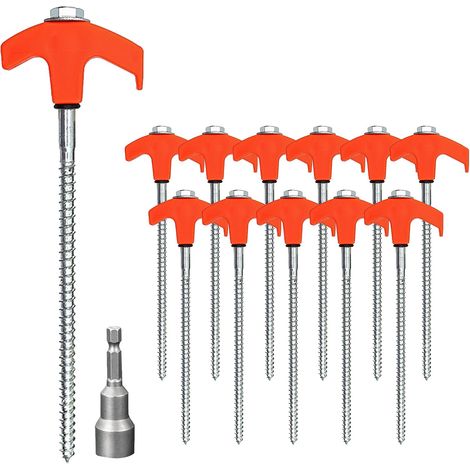 12 - Piquet De Tente - Sardine De Camping - Acier Galvanisé Fileté Pour Sol Meuble + Douille Hexagonale Extérieur Randonnée Plage Orange 20,5cm (1/5)
