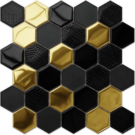 Mosaico in vetro esagonale su rete per bagno o cucina 25.5 cm x 24.7 cm - Gold lava (1/5)
