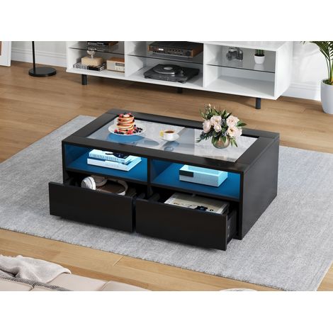 Couchtisch aus Glas und Spanplatte Schwarz 100 cm mit LED, 2 Schubladen und offenen Fächern