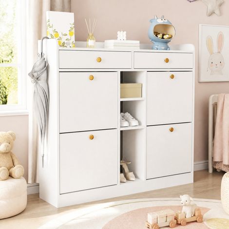MEUBLIV Mobile portascarpe bianco 110x26x100 cm – 4 ante a ribalta, 2 cassetti, 3 vani (1/5)