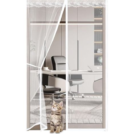 Magnetisches Moskitonetz aus Spitze für Türen und Fenster, Vorhang mit Klebeband, automatischer Verschluss, Weiß – 90 x 220 cm