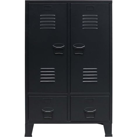 Armoire 2 portes 2 tiroirs métal noir industriel Kibane 68cm (1/5)