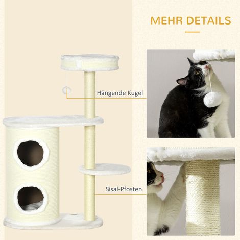 Arbre à chat avec tonneau à griffer, 1 panier pour chat et jouet pour chat, 59 cm x 35 cm x 100 cm, blanc crème (1/5)