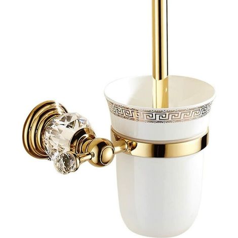 Porte Brosse Toilettes en métal avec verre poli et Set Toilettes Accessoires WC Design Or Fixation Murale et Finition Doré Style Européen por Salle de Bain (1/5)