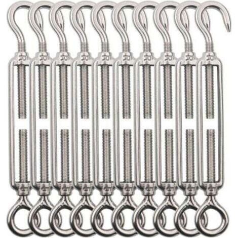 10pc Tendeur de câble à crochet M5 (oeil de crochet), tendeur de fil en acier inoxydable/tendeur de câble INOX pour cordes à linge, câbles en acier, cordes en acier (1/4)