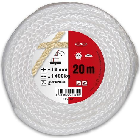 Corde Polypropylène tressée - Résistance à la rupture Indicative 1, 4 T - Diamètre 12 mm - Longueur 20 m - Blanc