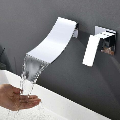 Robinet de salle de bain cascade, robinet de lavabo mural, robinet mural à 2 trous avec poignée unique et grand bec, mitigeur de salle de bain, chrome (1/4)
