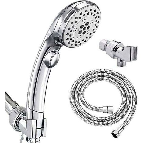 Pommeau de Douche Chromé avec Bouton Stop Douchette à Main 5 Jets au Choix Pomme de Douche Picots Anticalaire Type Universel (1/4)