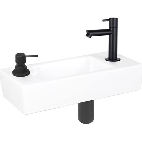 Differnz Sapon kit lave-mains - 42,5x18,5x9cm - Rectangulaire - 1 trou de robinet - Noir mat - Céramique Blanc
