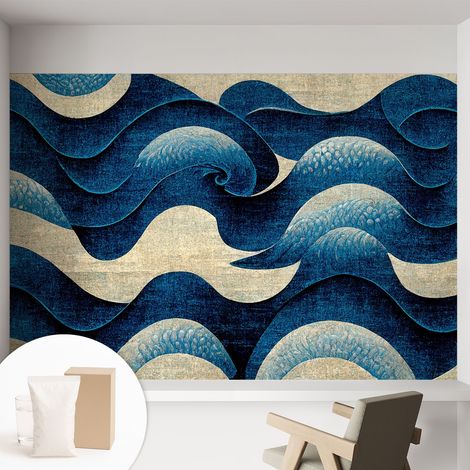 Papier peint avec colle pour décoration moderne de salon chambre à coucher cuisine et bureau Facile Vagues bleues 152x104 cm (1/5)