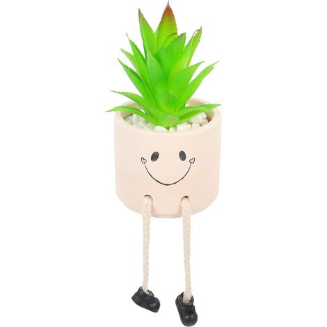 Plante Artificielle pour L'humeur Bureau Visage Souriant en Pot en Céramique et Corde en Coton, Aspect Réaliste Décoration de Bureau (1/5)