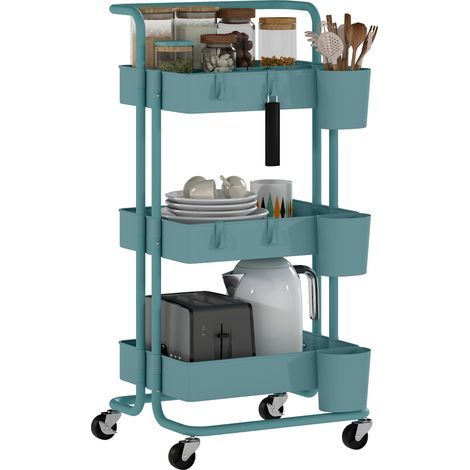 3-tier serving trolley with 4 hooks and 3 removable hanging boxes, 42 x 38 x 86.5 cm, blue-green (1/5)