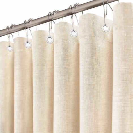 Rideau de douche en lin texturé de style rustique, bohème, avec doublure en tissu pour salle de bain (183 x 183 cm) (1/5)