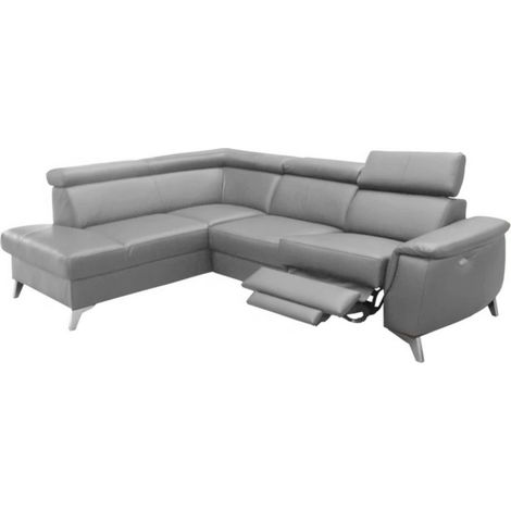 Canapé d'angle en cuir italien de luxe 5/6 places avec relax électrique et coffre, LINCOLN, gris clair, angle gauche (1/4)