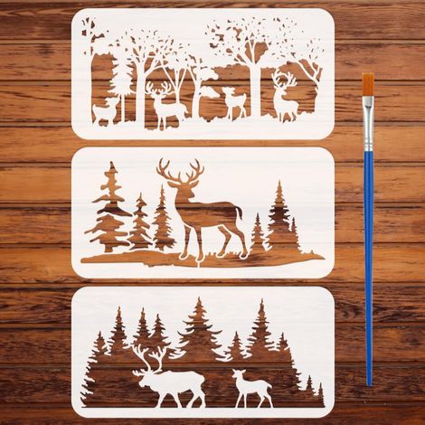 3Pcs Pochoir de Peinture de Cerf de Forêt Avec Pinceau 30x15cm Modèle de Dessin de Motif de Silhouette de Cerf Thème Animal Pochoir Décoration DIY pour Peinture sur Bois Mur Tissu Meuble (1/5)