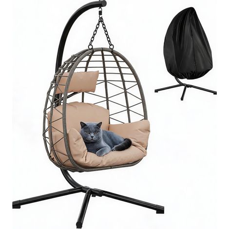 Fauteuil suspendu œuf – rotin PE, structure acier renforcée 150kg, coussins amovibles – jardin, balcon, terrasse – Blanc (1/5)