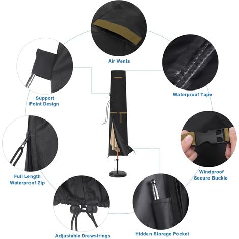 Housse de Protection Imperméable pour Parasol Droit Ø3m - Bache Extérieure Oxford 175x32/38cm (1/4)