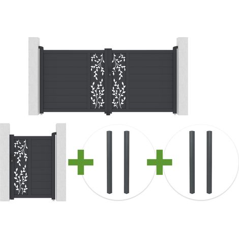 Portail battant 3m FOLYA H.140cm aluminium gris + 4 poteaux + Portillon 1m FOLYA H.140cm (1/5)