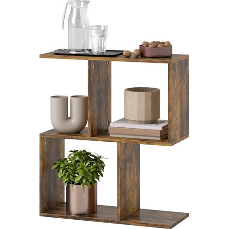 Side Table, Narrow End Table Storage Shelves, S-Shaped, 3-Tier, 50W x 19.5D x 58H cm, Rustic Brown (1/5)