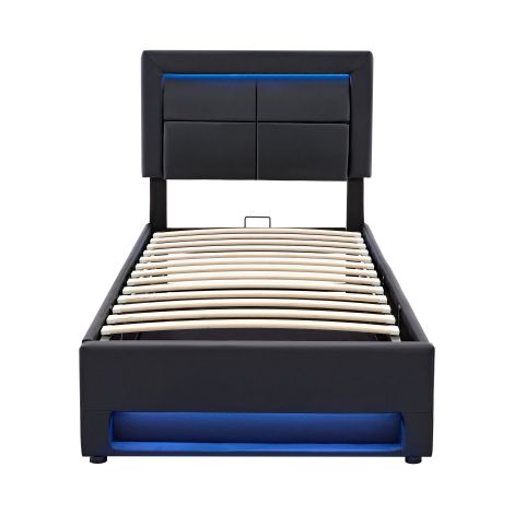 Lit capitonné 90x200 noir LED USB avec rangement sans matelas