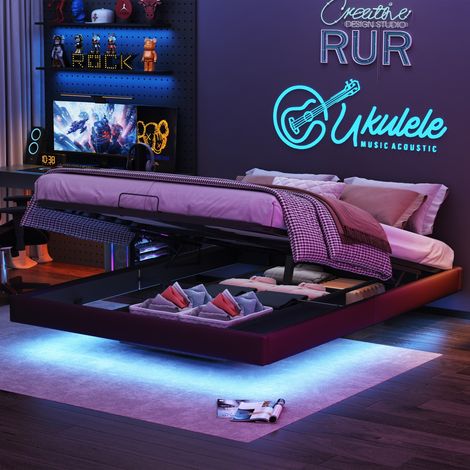 Lit 160x200cm - Lit Coffre 160 et Sommier - Lit Flottant LED RGB avec Rangement - Sans Tête de Lit - Similicuir PU Noir (1/5)