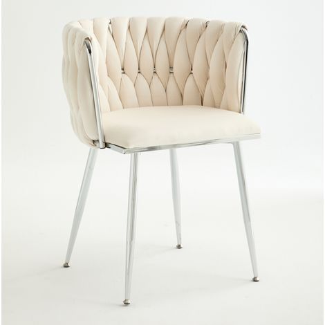 Set di 2 sedie da pranzo imbottite in tessuto avorio con gambe metalliche argentate (1/5)