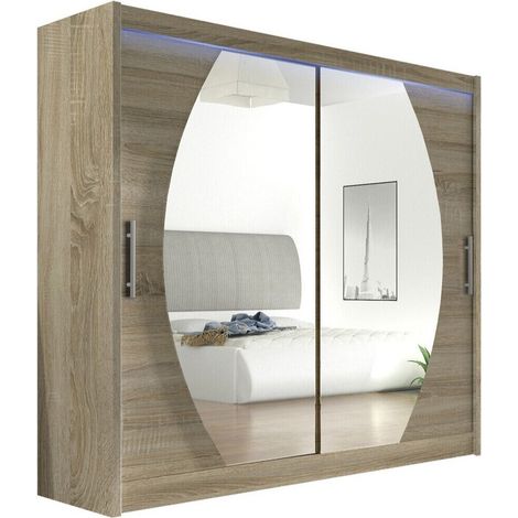 Mirjan24 – Armoire coulissante Sonoma chêne 215x180x58cm – 2 portes – 5 étagères – Éclairage LED – Fabriquée en Union Européenne