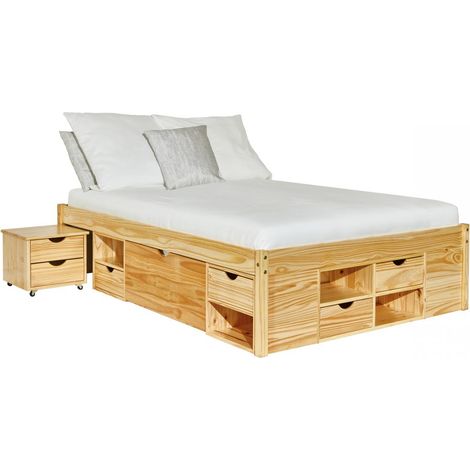 Ensemble lit 140x200 cm avec 2 chevets en pin massif naturel – Sommier à lattes inclus – Design contemporain – Rangement avec tiroirs – Inter Link (1/5)
