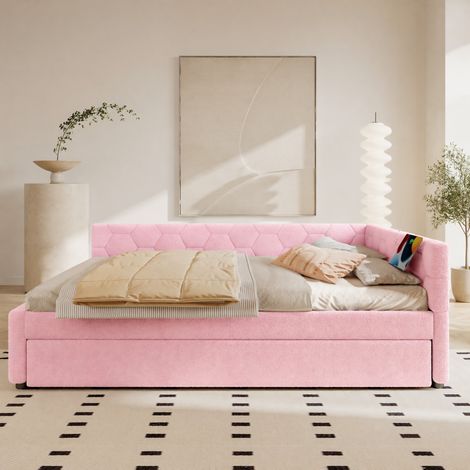 Lit banquette rose 140 x 200 cm avec lit gigogne, lampe et ports USB/Type-C – 145 × 208 × 66,5 cm (1/5)