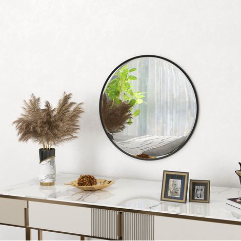 Miroir rond mural 61 cm avec cadre en aluminium noir, miroir décoratif pour salle de bain, salon, chambre et entrée, fixation facile – CHICFURN (1/5)