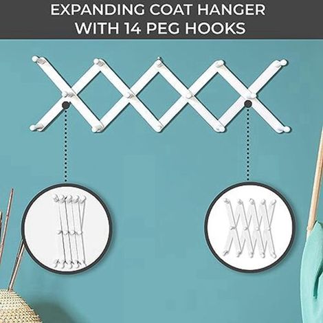 Disponible en blanc. Fabriqué en bois. Porte-manteau mural accordéon résistant.