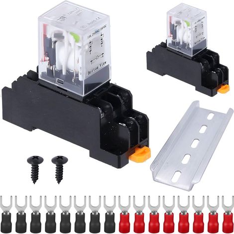 Relais de puissance électromagnétique, DC 12V 10A 8 broches 2NO 2NC 2DPT Bobine Relais - 2Pack, avec voyant lumineux, bornier, fente en aluminium et socle -YJ2N-LY (1/5)