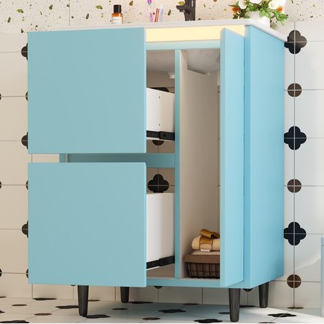 Meuble vasque de salle de bain au sol 61 x 46,5 x 87 cm, MDF bleu, lavabo céramique, 2 tiroirs (1/5)