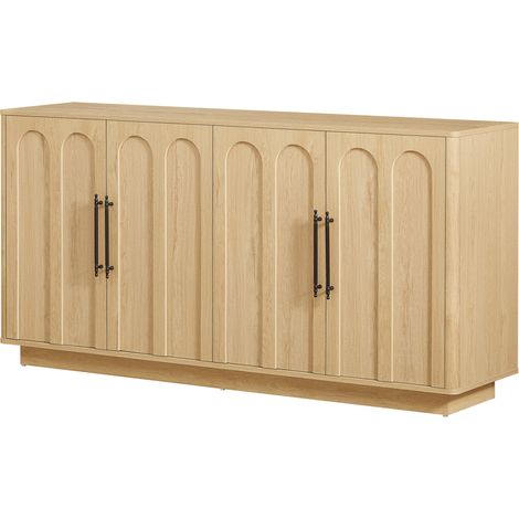 Buffet bois clair 160 cm avec 4 portes, charnières soft-close et fixation murale sécurisée (1/5)