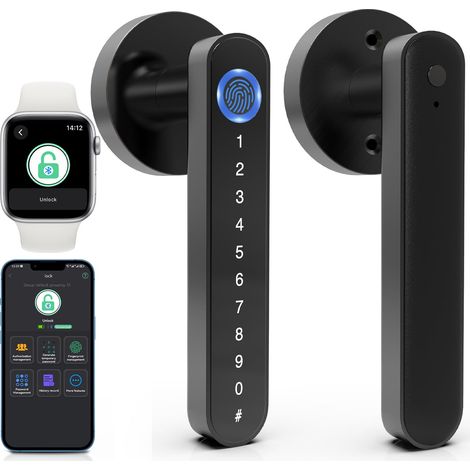 Serrure de porte à empreintes digitales avec poignée, serrure de porte intelligente 5 en 1 avec clavier à empreintes digitales, clé Bluetooth App, serrure à levier de porte (1/5)