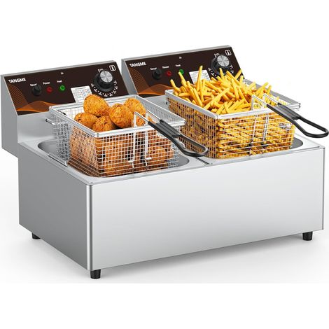 Friteuse électrique commerciale, friteuse de table à double cuve de 20L avec 2 paniers, 5000W en acier inoxydable, friteuse pour chariot à goûter (1/5)
