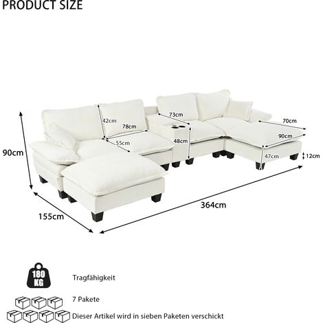 Canapé en U modulable, canapé bateau avec porte-verres et coffre de rangement, ports USB, 2 tabourets et 2 coussins, revêtement en chenille beige pour salon et appartement