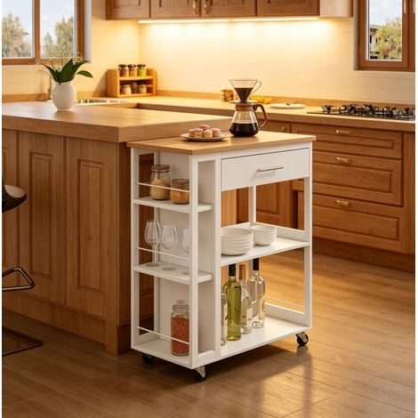 Carro de cocina 73x38x88 cm blanco y efecto madera en MDF con cajón, estantes abiertos y ruedas (1/5)
