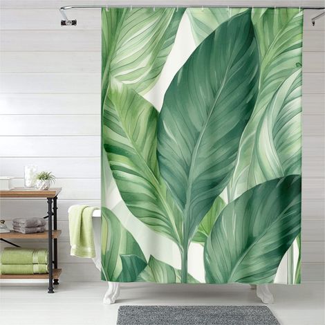 Rideau de douche plantes vertes stylisées, œillets plastique, facile d'entretien (1/5)
