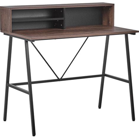 Bureau 100 x 50 cm Effet Bois Foncé avec Etagère Pratique et Pieds en Métal Noir Design Tendance Idéal pour Intérieur Minimaliste et Moderne Beliani (1/5)