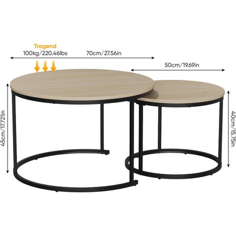 Zweiteiliges, ineinander schiebbares Couchtisch-Set, Eichenfurnier, runder Couchtisch mit einem Durchmesser von 70 cm, Metallgestell, moderner Stil, geeignet für Wohnzimmer, Schlafzimmer, Balkon. (1/5)