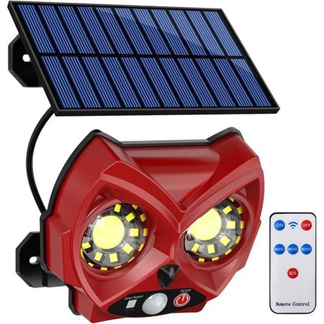 2 lampes solaires extérieures, détecteur de mouvement, éclairage sécurité hibou LED COB rouge, porche et portail