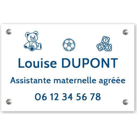 Plaque professionnelle PVC 30x20 – Gravure Personnalisée | Assistante Maternelle - Blanche lettres bleues (1/3)